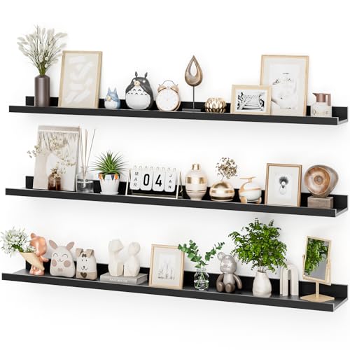 Heimlove 48 Inch Picture Ledge Shelf with Lip,Black Floating Shelves for Wall Set of 3,Long Wall Shelves in Varying Depths for Living Room,Bedroom,Nursery,Bookshelf - color: Black, size: 48'', Set of 3