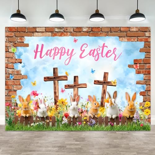 5x3ft Happy Easter Backdrop Spring Photography Background with Bunnies Crosses Flowers Butterflies Brick Wall for Party Decor Easter Celebration Kids Baby Shower Portrait Backdrop - color: color 13, size: 5x3ft