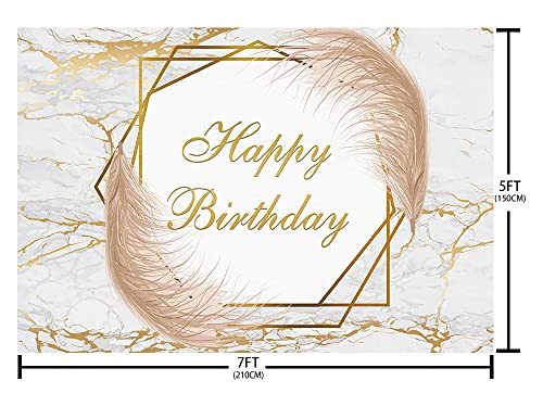 AIBIIN 7x5ft White and Gold Marble Birthday Backdrop Boho Fluid Happy Birthday Photography Background for Men Women 30th 40th 50th 60th 70th Bday Party Banner Decorations Photo Shoot Studio Props