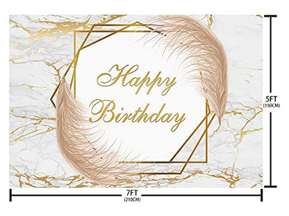 AIBIIN 7x5ft White and Gold Marble Birthday Backdrop Boho Fluid Happy Birthday Photography Background for Men Women 30th 40th 50th 60th 70th Bday Party Banner Decorations Photo Shoot Studio Props