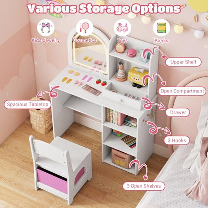 Costzon Kids Vanity with Lights, Girls Vanity Set with Mirror, Storage Drawer, Hooks & Shelves, Toddler Makeup Vanity Desk Dressing Table, Wooden Kids Vanity Table and Chair Set (White) - style: White with Open Shelves