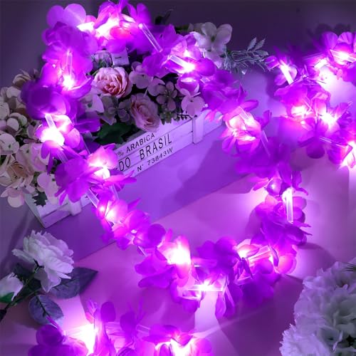 Sherr 24 Pcs LED Purple Leis Light up Wedding Hawaiian Leis Flower Necklace with LED Lights Beach Tropical Carnival Party Wedding Supplies Luau for Masquerade - color: Dark Purple