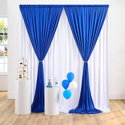 gogoparti Royal Blue and White Party Backdrop Curtains 10x10 Feet, 4 Panels Wrinkle-Free Polyester Drapes for Wedding, Baby Shower, Birthday Photography Background (2.5x10ft Each Panel) - color: Royal Blue+white, size: 60"W x 120"L (Pack of 4)