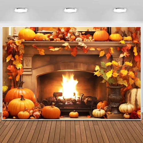 Autumn Fireplace Backdrop Fall Maple Leaves Pumpkins Stove Thanksgiving Art Hanging Background Photo Studio Portrait Backgrounds for Christmas Party Home Decor 8X6FT - color: Fall 004, size: 8x6ft