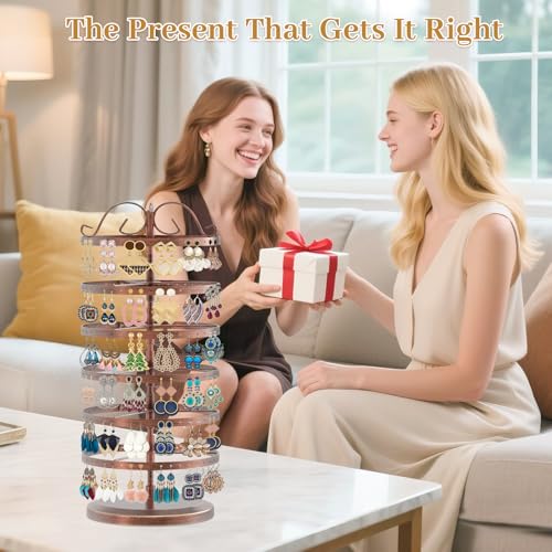 MODOWEY Rotating Earring Holder Organizer Stand, 6 Tier Large Capacity Jewelry Display Tree for Women Vendors, 264 Hole Adjustable Metal Rack for Stud Hoop Dangle Storage, Spin for Easy Access, Bronze - color: Copper, size: 6-Tier