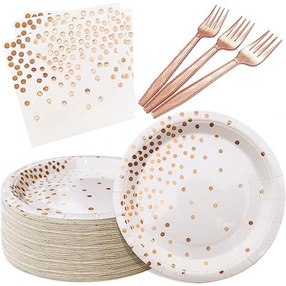 Serves 35 Guests White and Rose Gold Party Supplies,White and Rose Gold Birthday Paper Plates and Napkins,7" Disposable Party Dinnerware for Women - color: White Rose Gold Dot Paper Plate