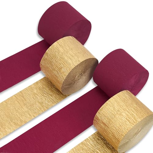 PartyWoo Crepe Paper Streamers 4 Rolls 328ft, Pack of Burgundy and Gold Crepe Paper for Party Decorations, Wedding Decorations, Birthday Decorations, Baby Shower Decorations (1.8 Inch x 82 Ft/Roll) - color: Gold Burgundy-9629
