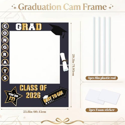 RattanView 2026 Graduation Photo Booth Props Frame Class of 2026 Congrats Grad Selfie Picture Frame, Cardboard Large Photo Booth Prop for High School & College Graduation Party Decorations - style: Grad