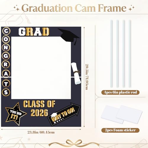 RattanView 2026 Graduation Photo Booth Props Frame Class of 2026 Congrats Grad Selfie Picture Frame, Cardboard Large Photo Booth Prop for High School & College Graduation Party Decorations - style: Grad