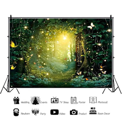 Laeacco Fabric Enchanted Forest Backdrop 5x3FT Fairy Tale Forest Photography Background Wonderland Fireflies Butterfly Newborn Baby Shower Birthday Party Decor Banner Photo Booth Studio Shoot Props - size: 5x3FT-Polyester