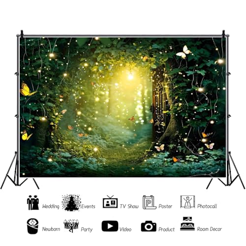 Laeacco Enchanted Forest Backdrop Polyester 6x4FT Fairy Tale Forest Photography Background Wonderland Fireflies Butterfly Newborn Baby Shower Birthday Party Decor Banner Photo Booth Studio Shoot Props - size: 6x4FT-Polyester