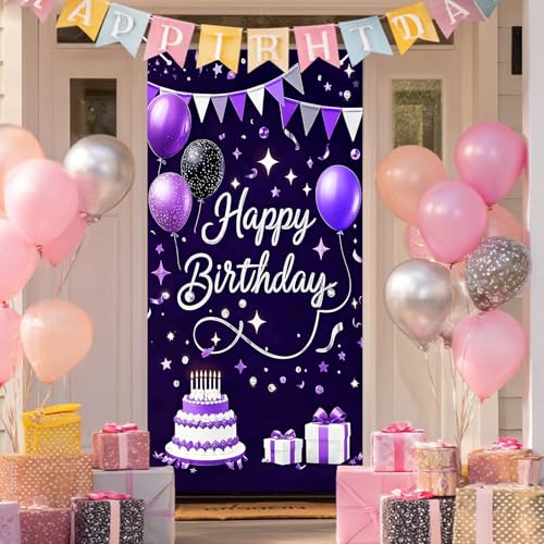 HOMETITUTE Birthday Door Cover 71x35 Inch Purple and Silver Birthday Banner for Party Decorations Cake Balloon Gift Backdrop Sign for Women Men Girls Boys Photo Booth Prop - color: Purple and Silver