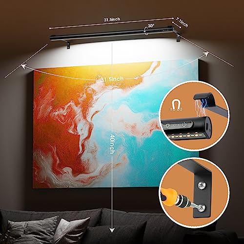 Battery Operated Wireless Picture Light，Rechargeable/Plugged in 31.5inch Painting Display Light,Remote Control Wall Lights with Three Modes and Timing for Art Frame (Black) - color: Black