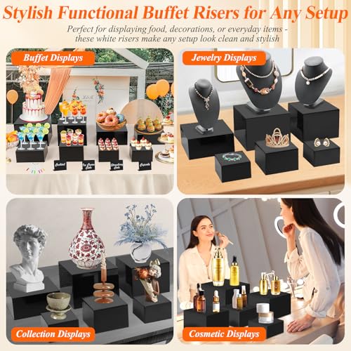 8Pcs Black Acrylic Buffet Risers with Mini Sign and Marker, Food Display Risers for Party Catering Dessert Jewelry, Acrylic Cube Nesting Boxes with Hollow Bottoms(9" 8.5" 8" 7.5" 6.8" 6" 5" 5") - size: 9" 8.5" 8" 7.5" 6.8" 6" 5" 5