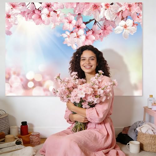 Renaiss 7x5ft Cherry Blossom Floral Backdrop Pink Flower Sunshine Bokeh Romantic Nature Scenery Photography Background for Wedding Bridal Shower Birthday Party Decor Photo Booth Props - color: WSNBK34260, size: 7x5ft