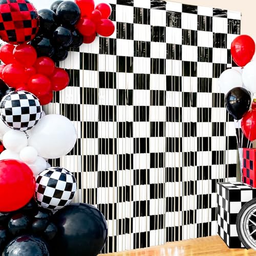 2 Packs Race Car Foil Fringe Curtain, Black White Checkered Glitter Metallic Tinsel Backdrop for Birthday, Baby Shower, Racing Car Truck One Happy Dude Party Decorations Supplies - color: Black White
