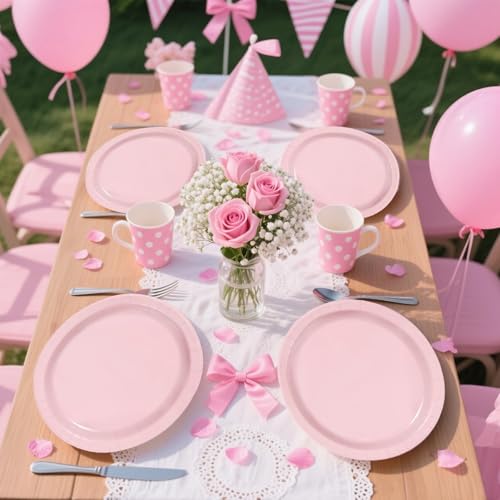 Grencian 50Pcs Pink Oval Paper Plates 10" x 12" Large Disposable 400GSM Heavy Duty Light Pink Paper Plates for Valentine's Day Girls Women Birthday Wedding Bridal Shower Baby Shower Party Supplies - style: Pink Oval Plates Set