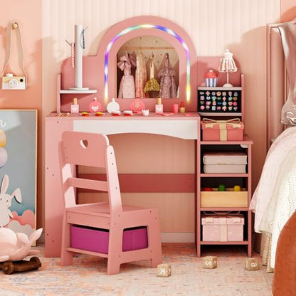 Costzon Kids Vanity, Girls Vanity Set with Lighted Mirror, Bookshelf, Jewelry Storage, Toddler Makeup Vanity Desk Dressing Table, Wooden Kids Vanity Table and Chair Set (Pink) - style: Pink