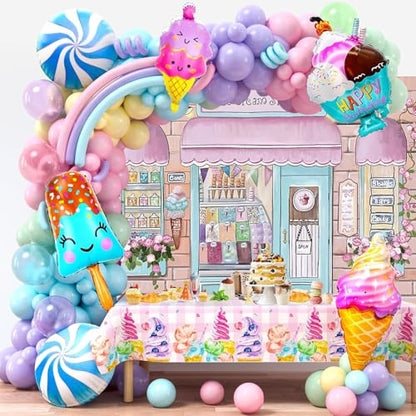 Yeele 7x5ft Pink Ice Cream Shop Vinyl Photography Background Summer Theme Flower Bricks Candy House for Kids Baby Boy Girl Shower Party Photo Backdrop Curtain Cake Table Banner Studio Props - size: 7x5ft