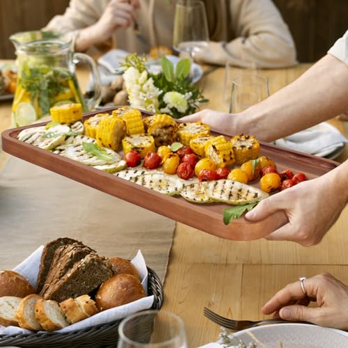 Large Wooden Serving Trays Long Party Charcuterie Boards Acacia Wood Platters Serving Cheese Board Rectangular Appetizer Snack Plates Rectangle Kitchen Dinner Platter for Food Dish Cake Dessert Tray - size: 16" x 10" x 0.8"