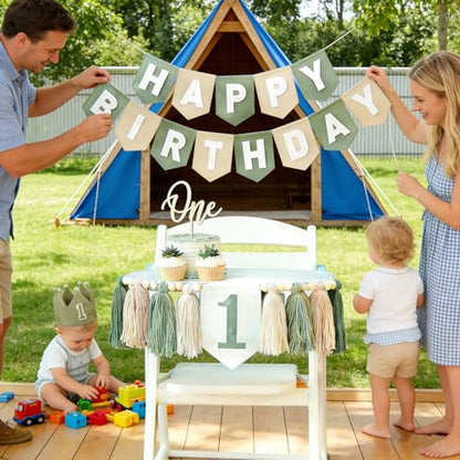Sage Green 1st Birthday High Chair Decorations- First Birthday Banner Wild One Highchair banner 1st birthday boy with Tassels, Crown & One Cake Topper, Boho 1st Birthday Party Supplies photo props - color: Green