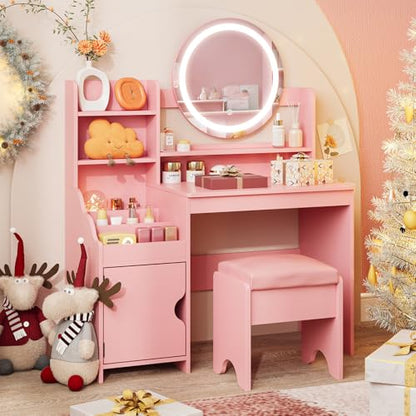 Vabches Kids Vanity with Lights, Princess Makeup Vanity Desk with Open Bookshelf, Storage Cabinet & Shelves, Toddler Vanity Table and Chair Set, Pretend Play Vanity Set for Little Girls, Pink - style: Pink