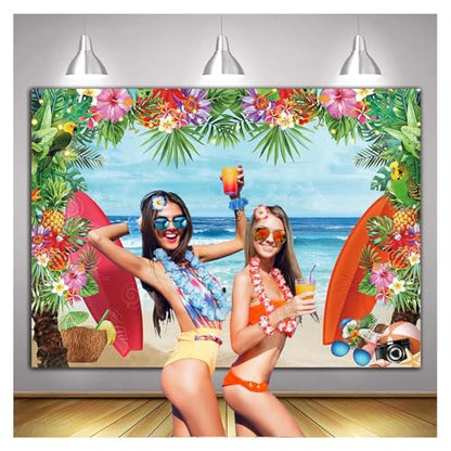 HQM 7x5FT Fabric Summer Tropical Beach Photo Background Beach Conch Hawaii Blue Sea Flower Children Birthday Luau Party Photography Backdrop Kids Baby Shower Cake Table Decor Supplies - size: 7x5 FT