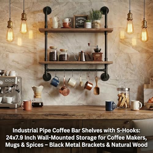 ROGMARS Industrial Pipe Shelving Bathroom Pipe Shelves with Towel Bar Over Toilet, 24 inch Pine Wood Floating Shelves for Wall Mounted Bedroom,Kitchen, Farmhouse, Living Room - color: Rustic Brown, size: 24 Inch 2 Tier