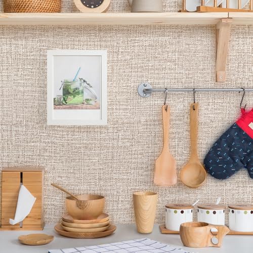Khaki Grasscloth Peel and Stick Wallpaper 17.3"x480" Faux Linen Textured Contact Paper Removable Self Adhesive Vinyl Wallpaper for Bedroom Bathroom Kitchen Cabinets - color: Khaki, size: 17.3" x 480"