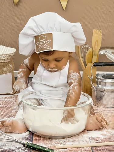 Baby Chef Outfit Apron And Chef Hat Set, Baby Photoshoot Props Boy Newborn Photography Costume Infant Bakery Outfits - color: White