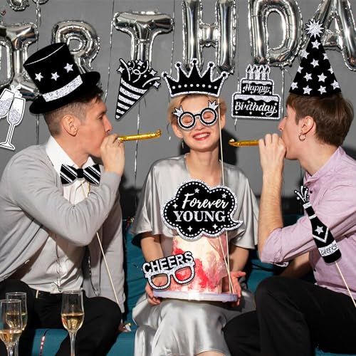 30 Pcs Silver Birthday Photo Booth Props Black Birthday Props 2026 Birthdays Decorations Backdrop Decorations Birthdays Props for Photography