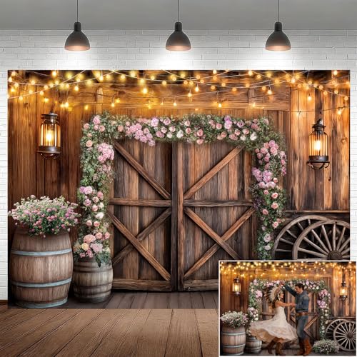 Country Wedding Photography Backdrop, Rustic Barn Door Cabin Wooden Photography Backdrop Farmhouse Pink Flower Wedding Bridal Party Banner Props Photo Photoshoot Wall Decor Booth 7x5ft
