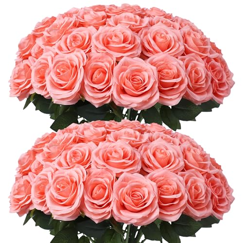 LVEFIT 50pcs Artificial Rose Flower Coral Peach Flower with Long Stem Silk Roses Bouquet for Wedding Bridal Shower Party Home Decoration - color: Coral Peach, size: 50pcs
