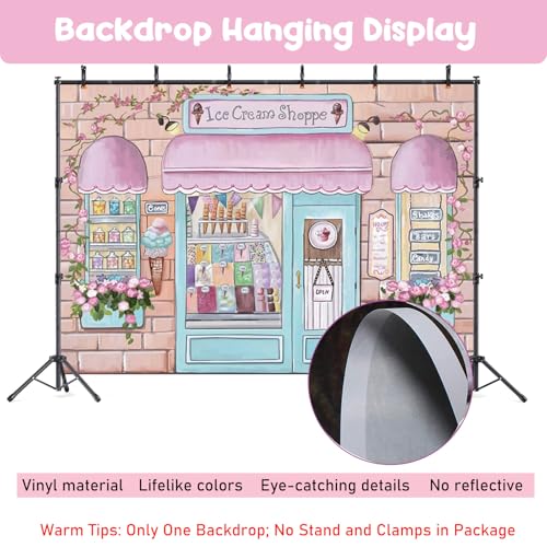 Yeele 5x4ft Pink Ice Cream Shop Vinyl Photography Background Summer Theme Flower Bricks Candy House for Kids Baby Boy Girl Shower Party Photo Backdrop Curtain Cake Table Banner Studio Props - size: 5x4ft