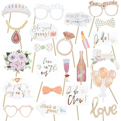 Wedding Photo Booth Props, Bachelorette Party Decorations, Engagement Party Decorations in Rose Gold, Pink with Glitter 23 pcs Pre-Assembled Funny Props