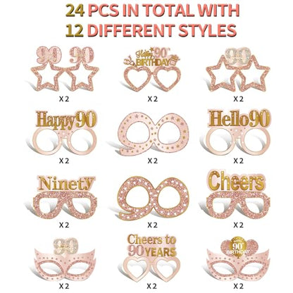 Guiruiy 24PCS 90th Birthday Paper Eyeglasses Decorations for Women, Pink Rose Gold Happy 90th Birthday Eyeglasses Party Supplies, Funny Ninety Year Old Birthday Glasses Photo Props Decor - style: Rose Gold 90th