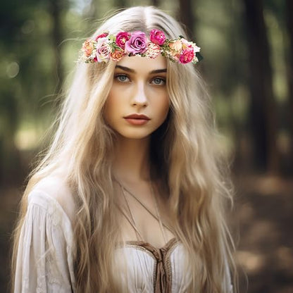 Flower Crown Rose Flower Headband Floral Crown Headpiece Halo Wedding Bridal Party Halloween Photos - color: rosy red