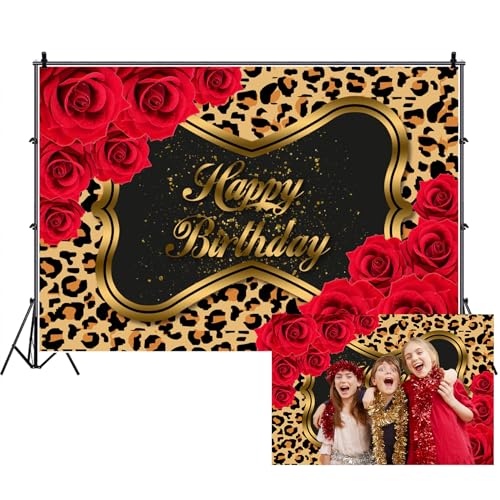 Renaiss Red Leopard Birthday Backdrop Fabric 12x8ft Red Rose Flowers Photography Background for Woman Leopard Print Birthday Party Decorations Photo Backdrops - color: Birthday, size: 12Wx8H FT