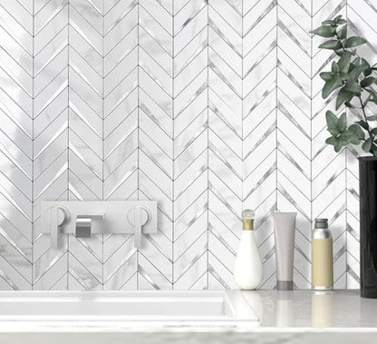 DICOFUN 10-Sheet Herringbone Tile Peel and Stick Backsplash, Polished White Marble PVC Mixed Metal Silver Stick on Backsplash for Kitchen and Bathroom Wall - color: Polished White Marble and Metal Silver, size: 10 Sheets, 12"x12"x0.12"