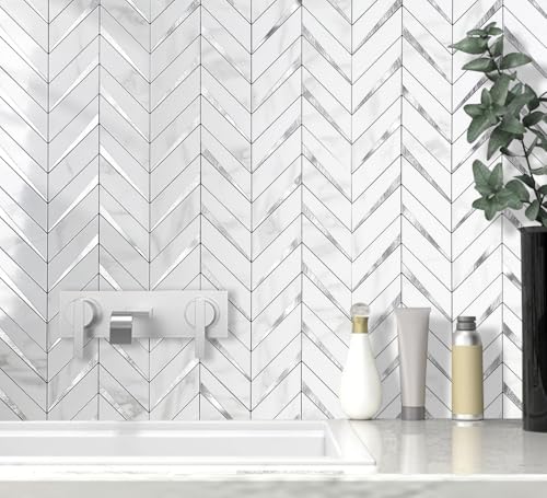 DICOFUN 10-Sheet Herringbone Tile Peel and Stick Backsplash, Polished White Marble PVC Mixed Metal Silver Stick on Backsplash for Kitchen and Bathroom Wall - color: Polished White Marble and Metal Silver, size: 10 Sheets, 12"x12"x0.12"