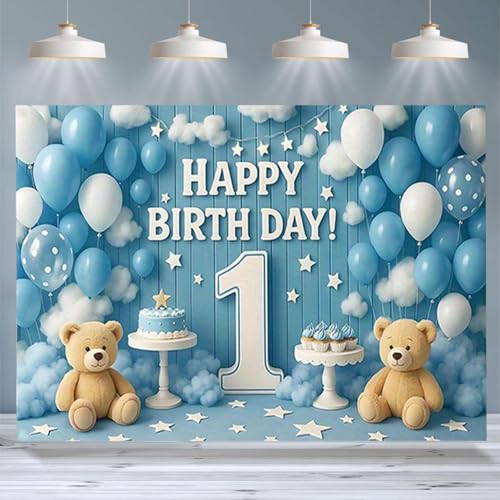 1st Happy Birthday Backdrop Blue Balloons Clouds Large Number 1 Text Design Newborn Boy Girl Birthday Party Decoration One Year Old Kids Cake Smash Decoration Studio Photo Props (B, 6X4FT) - color: B, size: 6X4FT
