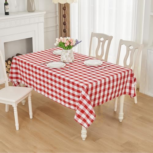 Waterproof Gingham Tablecloth Rectangle 95x55 Inch Cotton Checkered Table Cloth Buffalo Plaid Yarn Dyed Washable Table Cover for Easter Picnic Kitchen Dinner Outdoor BBQ & Party, Red and White - color: Gingham (Cotton Blend) - Red, size: 95" x 55" (Rectan