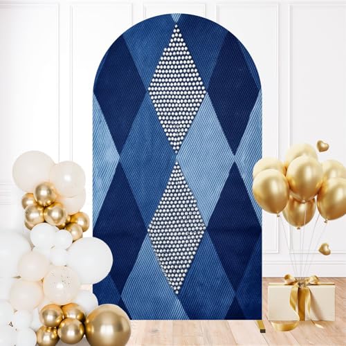 7.2FT Wedding Arch Backdrop Cover Diamond Blue Jeans Rhinestone Slant Lattice Square Clothes Denim Spandex Fitted Round Top Backdrop Stand Cover for Ceremony Banquet Birthday Party Decoration - color: Color4, size: 7.2FT x 4FT