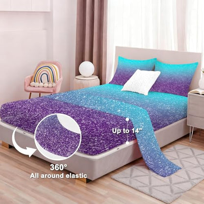 Gradient Blue Purple Sheet Set for Kids Twin Size Dreamy Fitted Sheet Set Glitter Sheet Soft Microfiber 3-Piece Sheet Set 1 Fitted Sheet+1 Flat Sheet+1 Pillowcase Cartoon Bedding Set - color: Blue and Purple, size: Twin