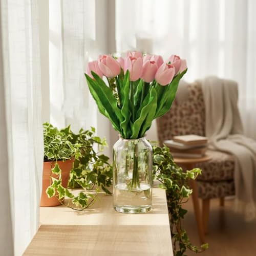 Mandy's Light Pink Artificial Tulips Flowers Centerpiece, 17.7" Lifelike PU Fake Floral Stems 6pcs for Kitchen Island & Dining Table, Spring Decor for Easter - color: Light Pink-17.7inch
