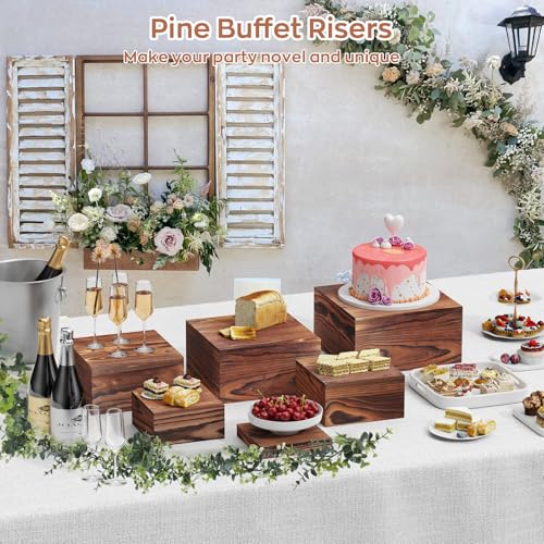 6 PCS Wooden Buffet Risers, Wood Display Risers for Food, Wooden Square Risers Display Stands, Food Risers for Buffet Table (10", 9" , 8", 7", 6", 5") with 67" Faux Greenery Vine