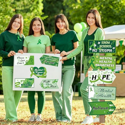 Hooqict 20 Pieces Mental Health Awareness Decorations Signs Motivational Inspirational Green Ribbon Party Directional Sign for Mental Health Awareness Month Therapy Counseling Office Decorations - style: Mental Health