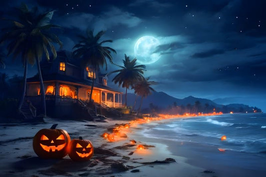 Halloween Beach Backdrop Scary Halloween Pumpkin Lantern Hawaii Seaside Photography Background Tropical Beach Theme Halloween Party Decor Banners Props 5x3ft - color: Halloween 001, size: 5x3ft