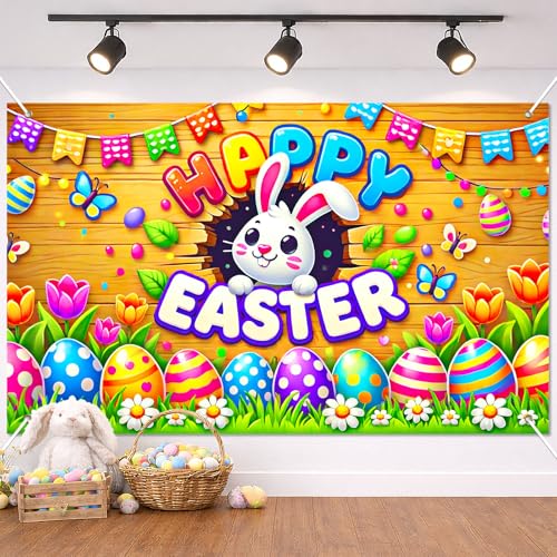 BlissYard Happy Easter Party Backdrop Banner Bunny Backdrop 71x43 Inch Spring Easter Cute Rabbit Colorful Eggs Floral Background Photography Baby Shower Party Photo Booth Props - color: Easter Bunny#6