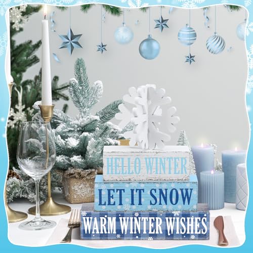 Geelin 4 Pieces Hello Winter Wooden Table Decorations Let It Snow Wooden Signs Rustic Snowflake Tiered Tray Decor Winter Wishes Tabletop Centerpieces for Home Desk Room Kitchen Shelf - style: Snowflake